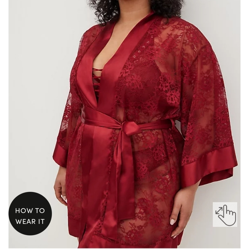 🆕️❤️CRIMSON RED LACE / SATIN MIDI KIMONO SLEEVE LINGERIE ROBE